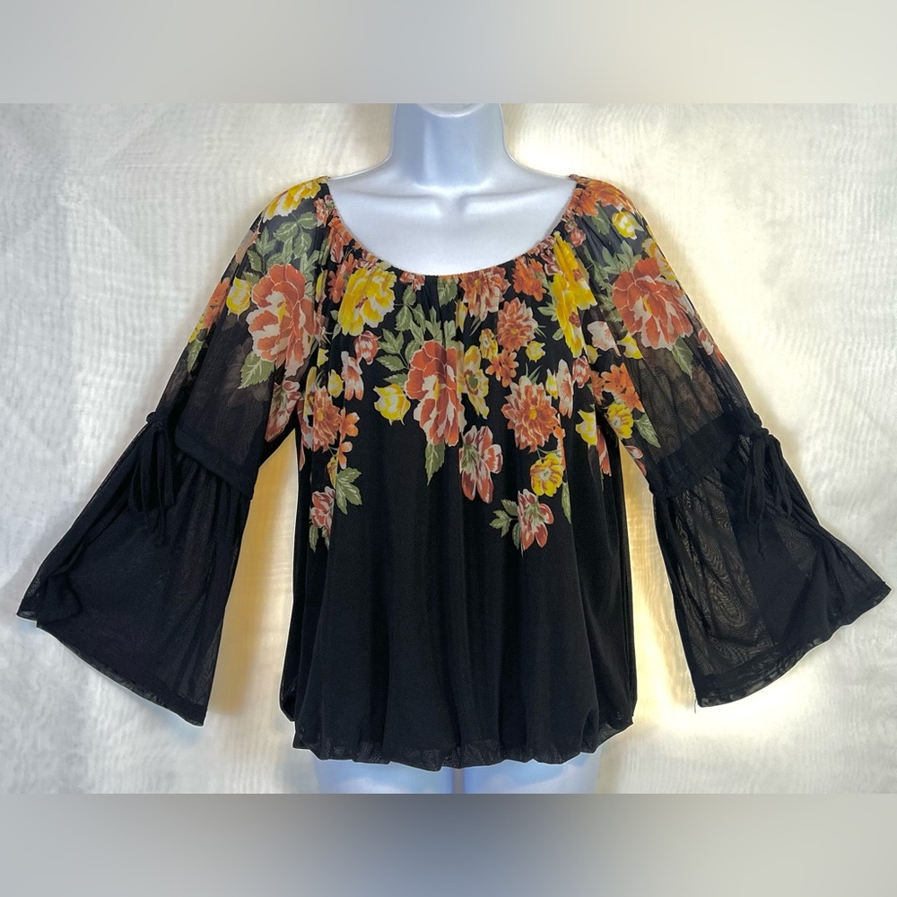 Ember Women’s Floral Bell Sleeve Blouson Peasant Top / Medium
